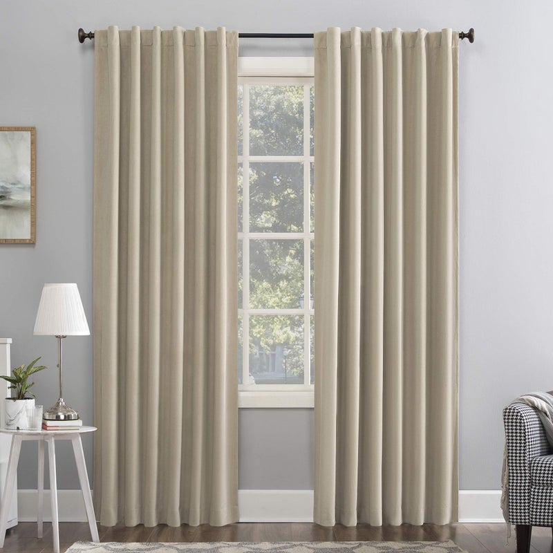 Sun Zero Hampshire Velvet Noise Reducing Thermal Extreme Total Blackout Back Tab Curtain Panel, 50" x 84", Ecru Off-White - Image 1